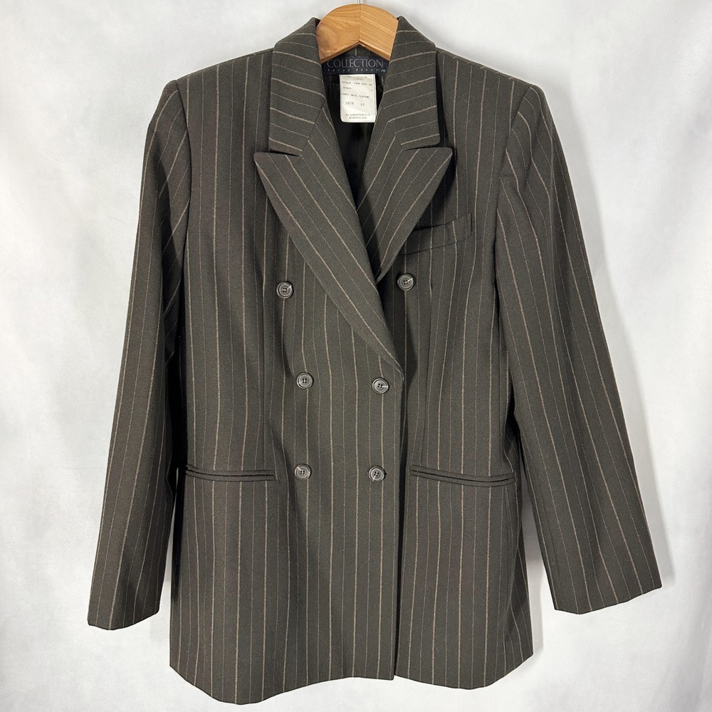 Vintage Harve Benard 100% Wool Brown Pinstripe Double Breasted Blazer Size 12